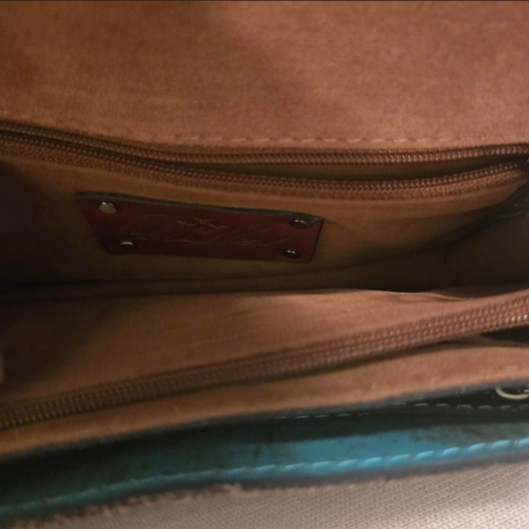 Patricia Nash Teal and Gold Floral Embossed Leather Crossbody - Picture 5 of 6